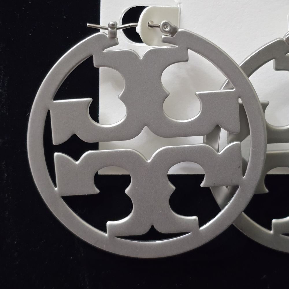 Tory Burch Miller Silvertone Logo Hoop Earrings - Picture 3 of 5